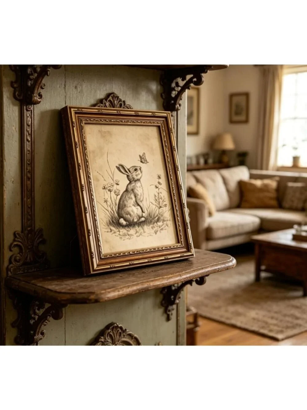Vintage Gold Framed Bunny Wall Art | Easter Rabbit & Butterfly Canvas Print for